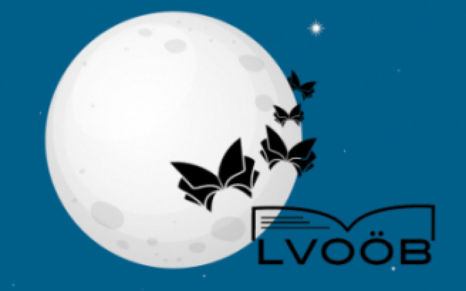 blauer Nachthimmel mit Büchern als Vögel vor dem Mond